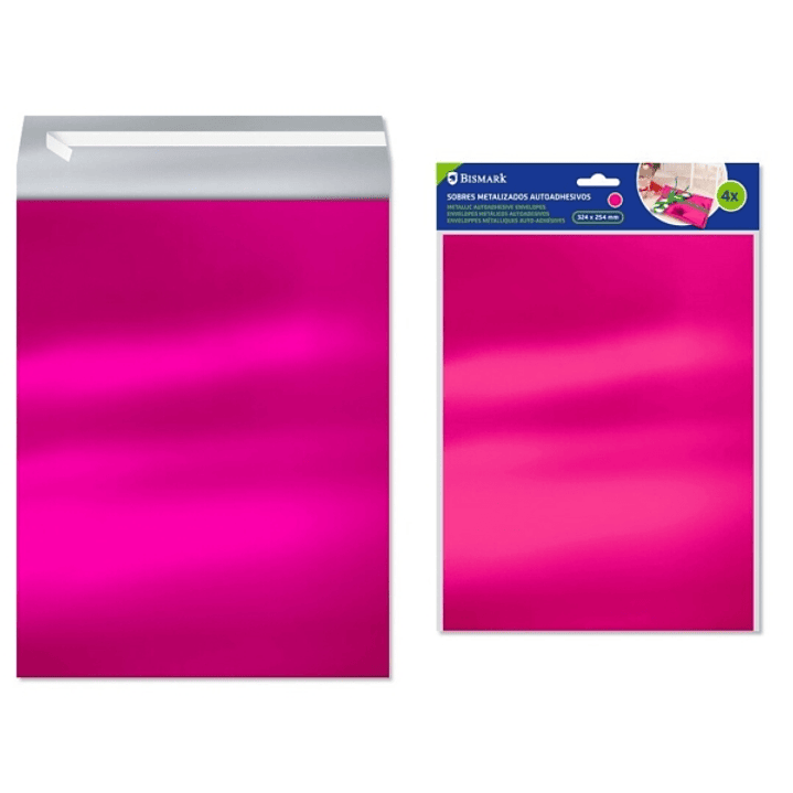 Bismark Pack de 4 Sobres Metalizados - Medidas 324x254mm - Cierre Autoadhesivo - Ideal para Regalos - Color Rosa Metalizado 1