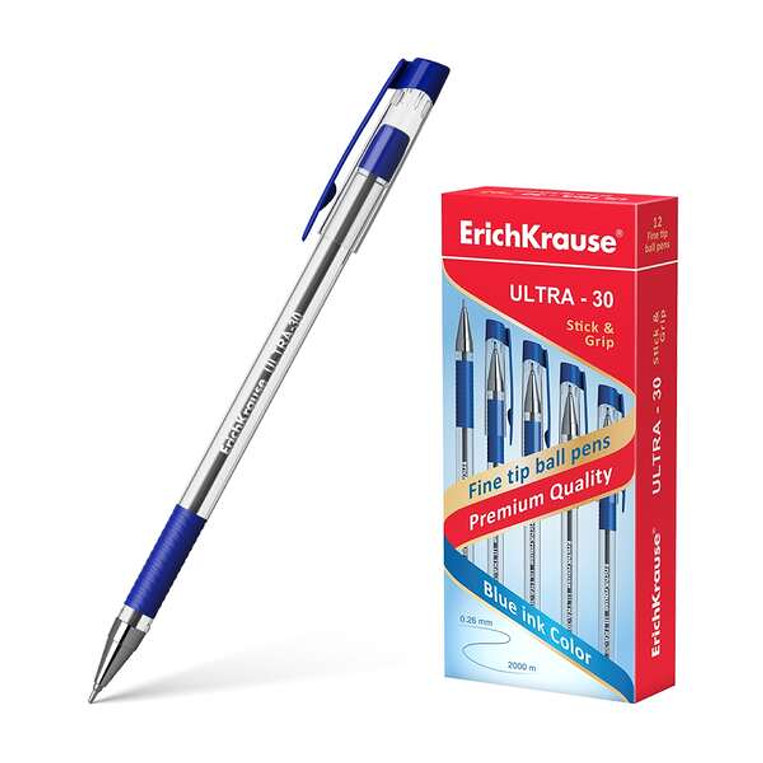 Erichkrause Boligrafo Ultra-30 - Recargable con Punta Fina Fine Tip - Cuerpo Transparente con Agarre de Goma - Tinta de Secado Rapido - Color Azul 1