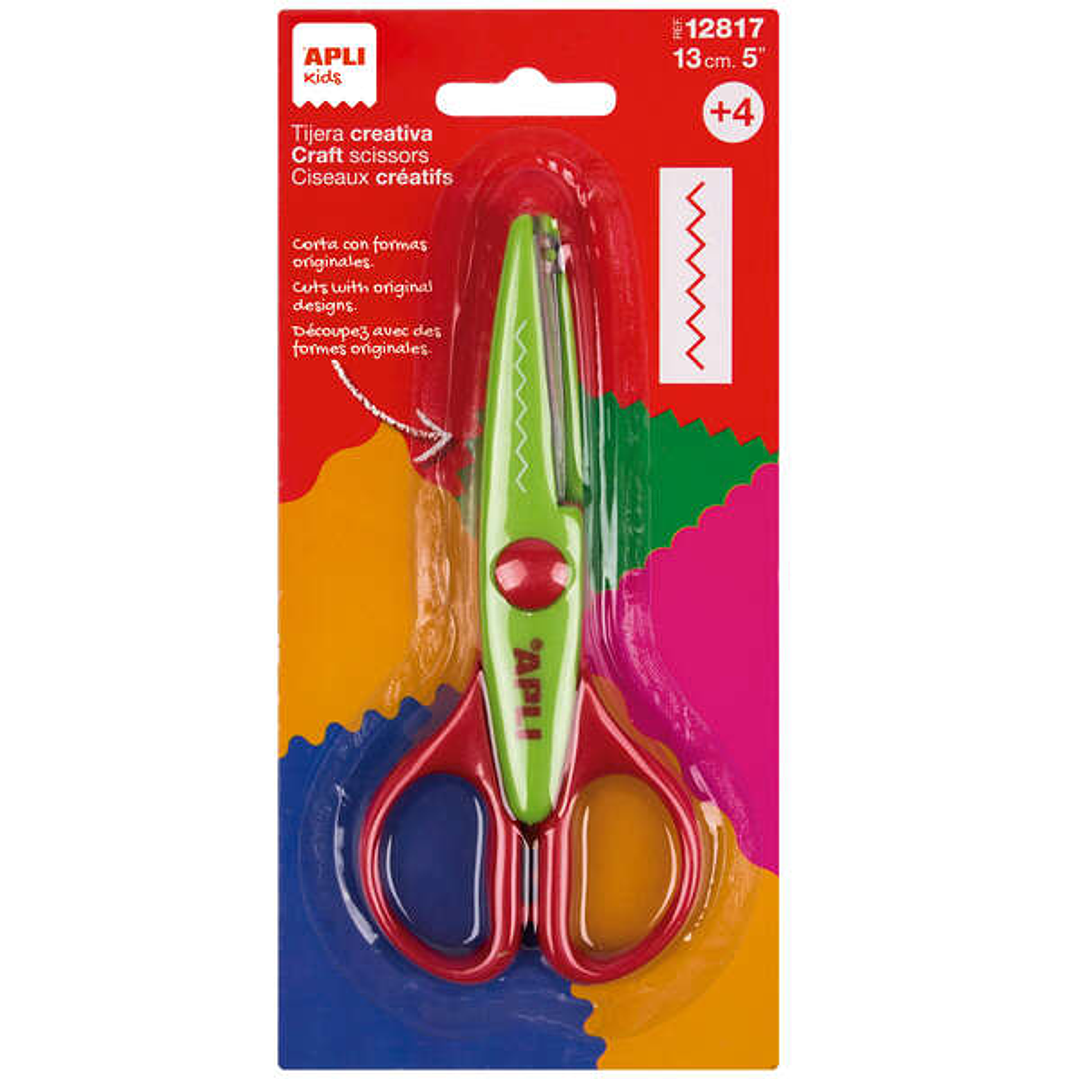 Apli Kids Zigzag Tijera de Acero Inoxidable 13cm - Realiza el Corte en Forma de Zigzag - Punta Redondeada - Uso Ambidiestro - Color Verde/Rojo 1