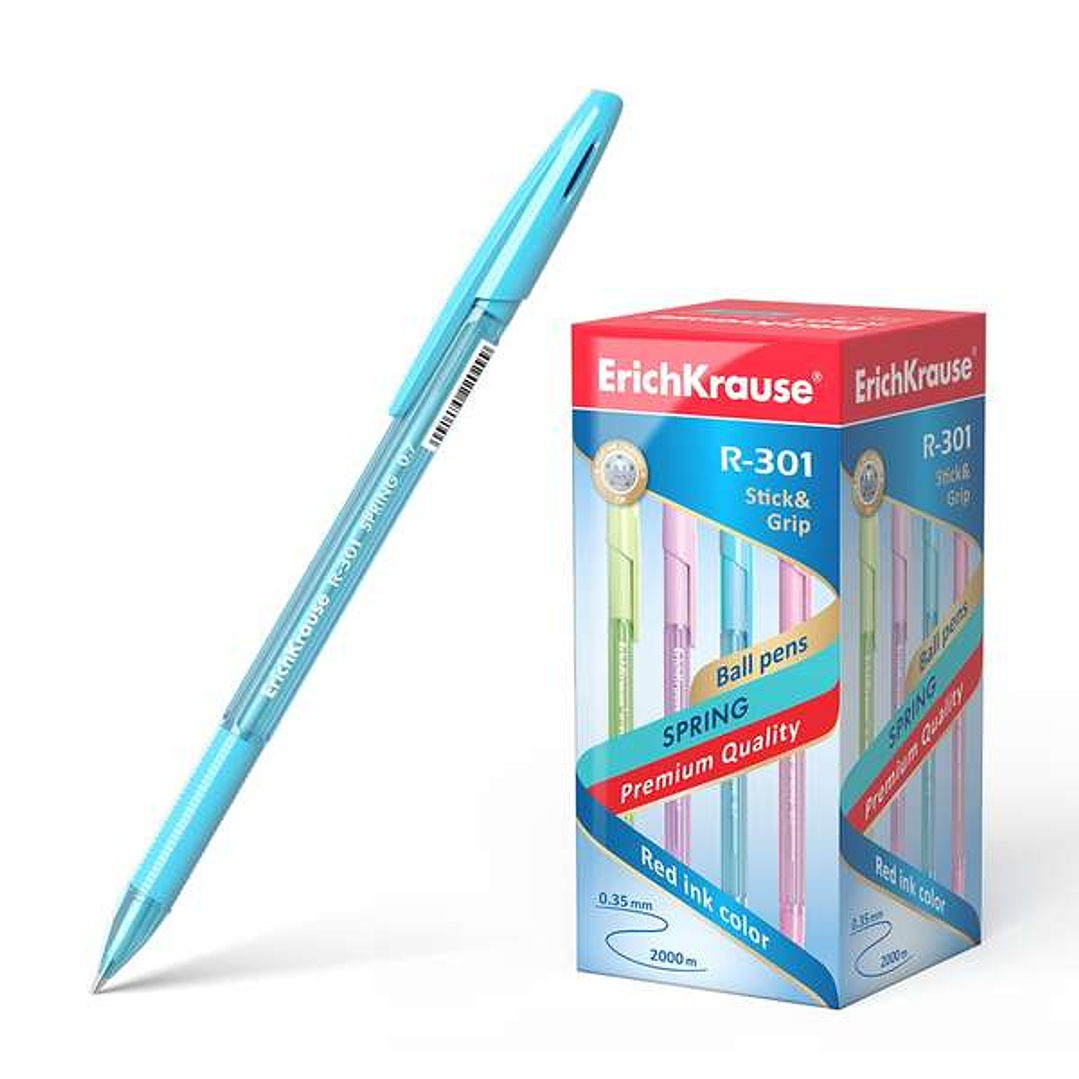 Erichkrause Boligrafo R-301 Spring Stick&Grip 0.7 - Cuerpo Hexagonal Translucido - Zona de Agarre de Goma Contorneada - Punta de 0.7mm - Tinta de Seca 1
