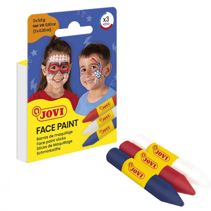 Jovi Face Paint Adventure Pack de 3 Barras de Maquillaje - Para todo Tipo de Pieles - Se Limpia Facilmente - Colores Blanco, Rojo y Azul 1