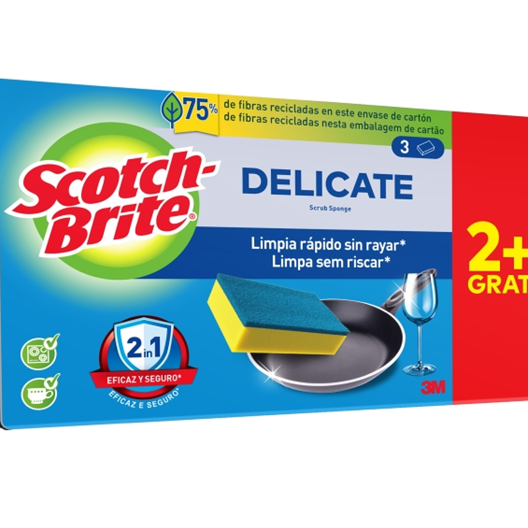 Scotch-Brite Delicate Pack de 3 Estropajos de Cocina - Promocion 2 + 1 Gratis - No Raya - Color Amarillo 1