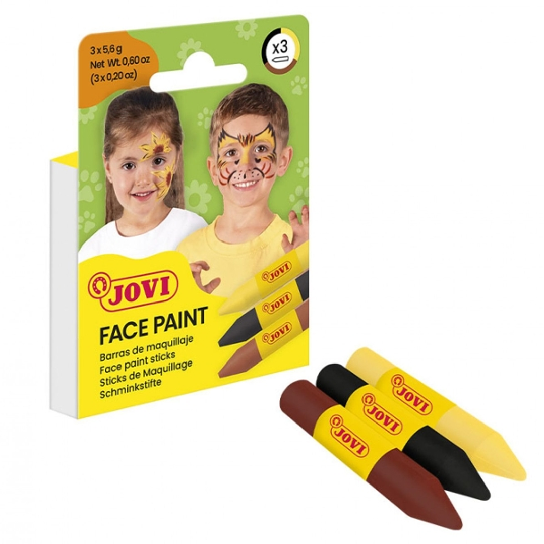 Jovi Face Paint Animal Pack de 3 Barras de Maquillaje - Para todo Tipo de Pieles - Se Limpia Facilmente - Colores Amarillo, Marron y Negro 1