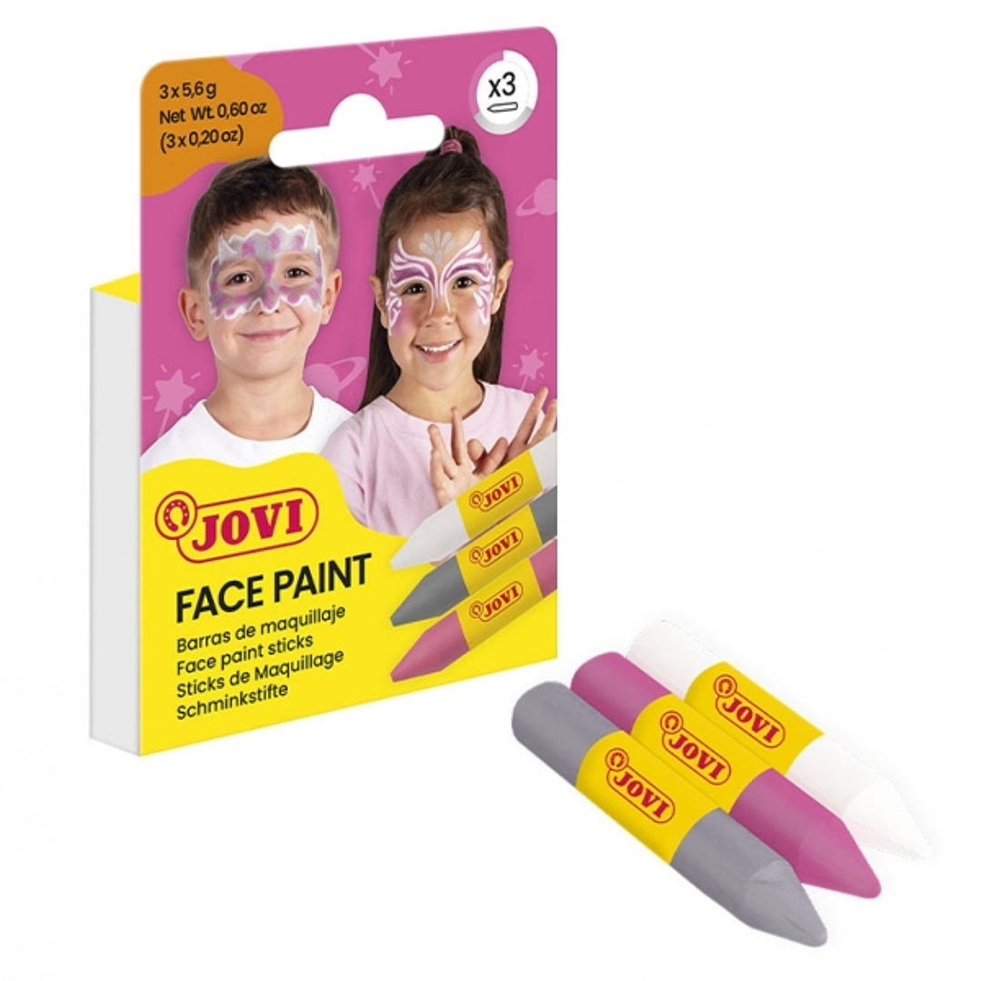 Jovi Face Paint Fantasy Pack de 3 Barras de Maquillaje - Para todo Tipo de Pieles - Se Limpia Facilmente - Colores Blanco, Rosa y Gris 1