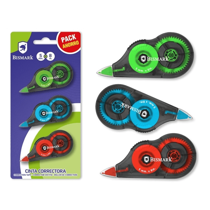 Bismark Pack de 3 Cintas Correctoras 5mmx8m - Perfecta Adherencia al Papel - Presentacion en Blister - Colores Surtidos 1