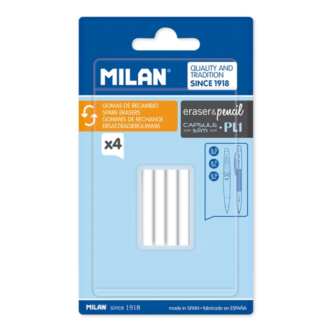 Milan Pack de 4 Gomas de Recambio para Portaminas - Compatible con Capsule, Slim y Pl1 - Color Blanco 1