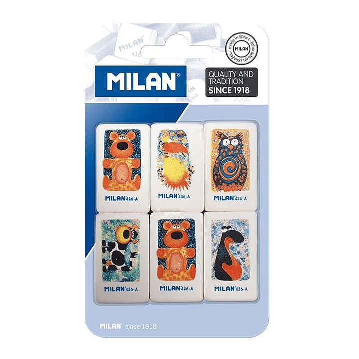 Milan 436A Pack de 6 Gomas de Borrar Rectangulares - Miga de Pan - Caucho Suave Sintetico - Dibujos Infantiles Surtidos - Color Blanco 1