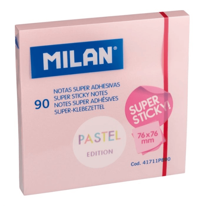 Milan Bloc de 90 Notas Super Adhesivas - Removibles - Mayor Permanencia - 76mm x 76mm - Color Rosa Pastel 1