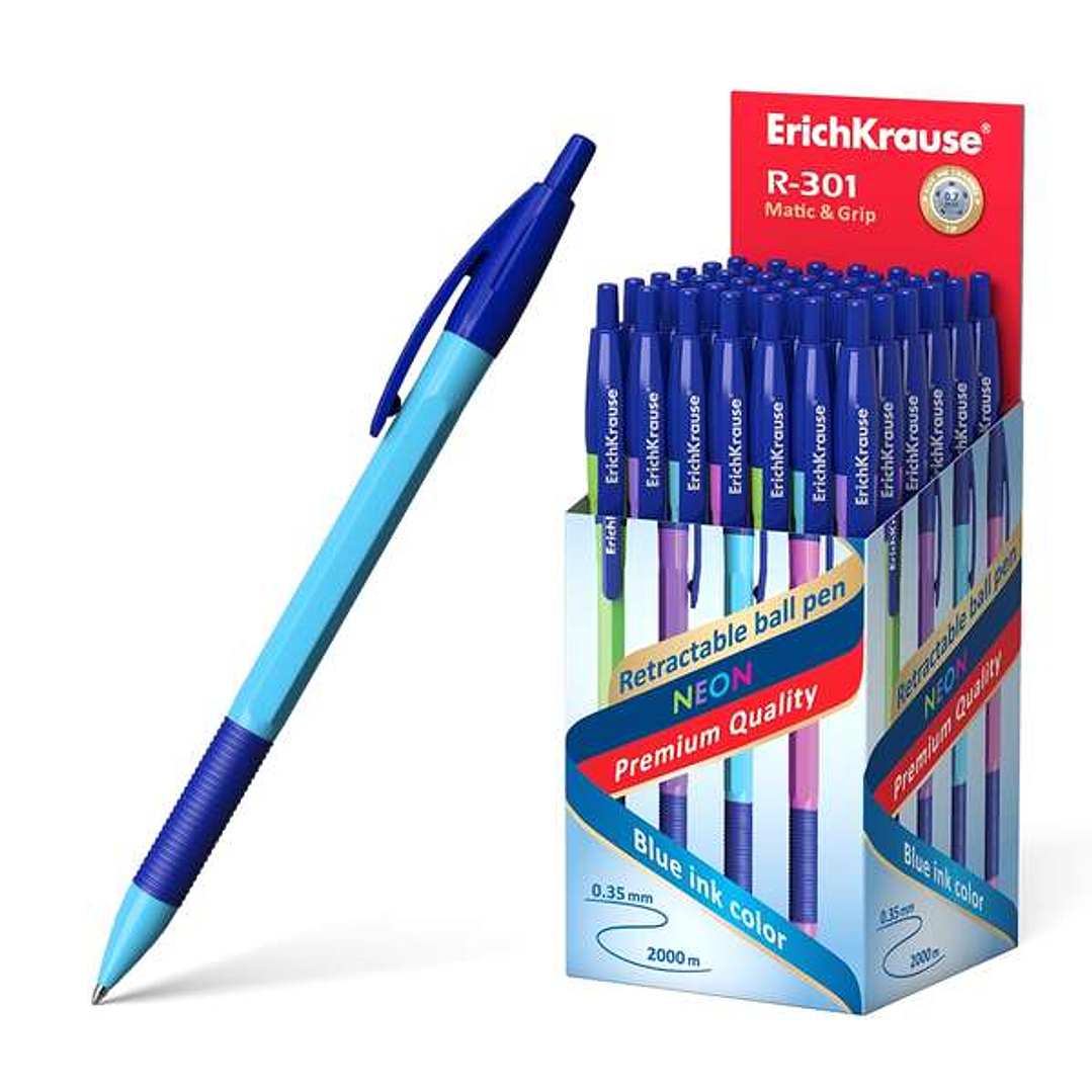 Erichkrause R-301 Neon Matic&Grip Boligrafo Retractil - Punta de 0.7mm - Trazo 0.35mm aprox. - Tinta de Secado Rapido - Cuerpo Hexagonal en Colores Su 1