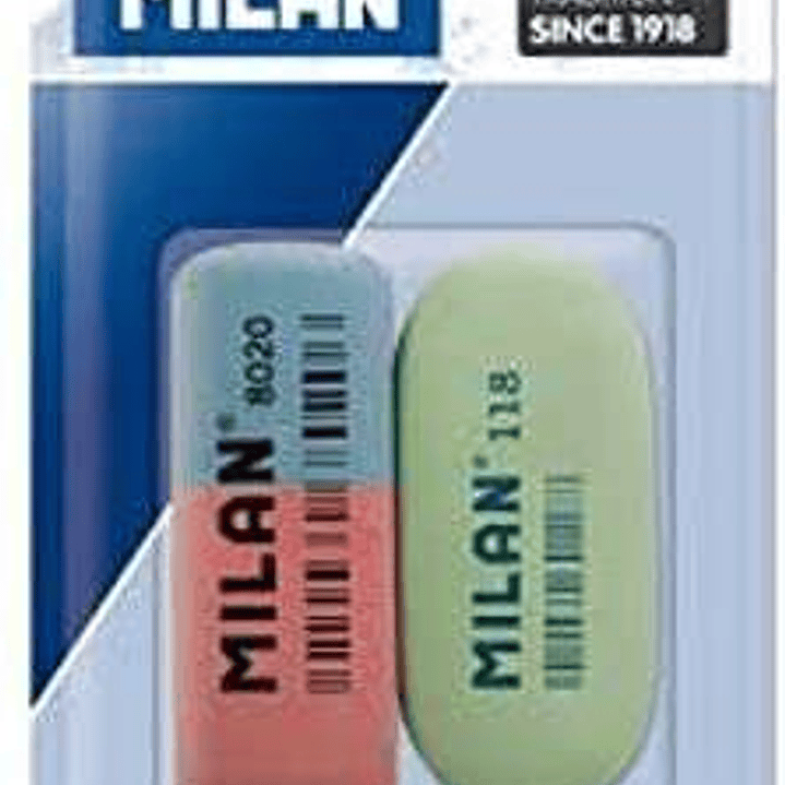 Milan Pack de 2 Gomas de Borrar, 1xGoma 8020 Biselada Doble Intensidad + 1xGoma 118 Ovalada - Caucho Sintetico - Para toda Clase de Papeles - Colores  1