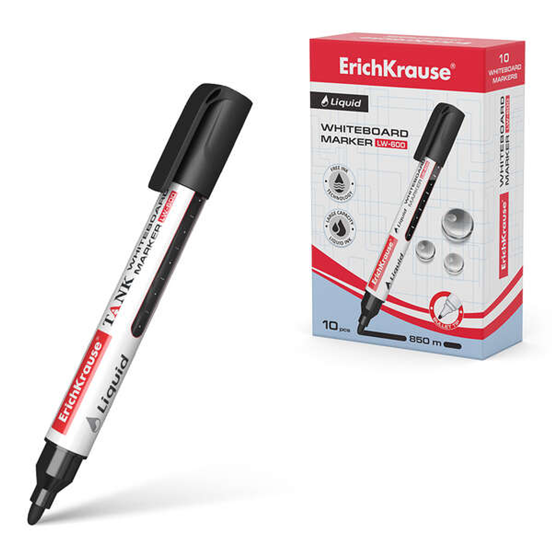 Erichkrause Liquid LW-600 Marcador de Pizarra Blanca - Tinta Liquida a Base de Alcohol - Punta en Forma de Bala - Ancho de Linea 2.5mm - Color Negro 1