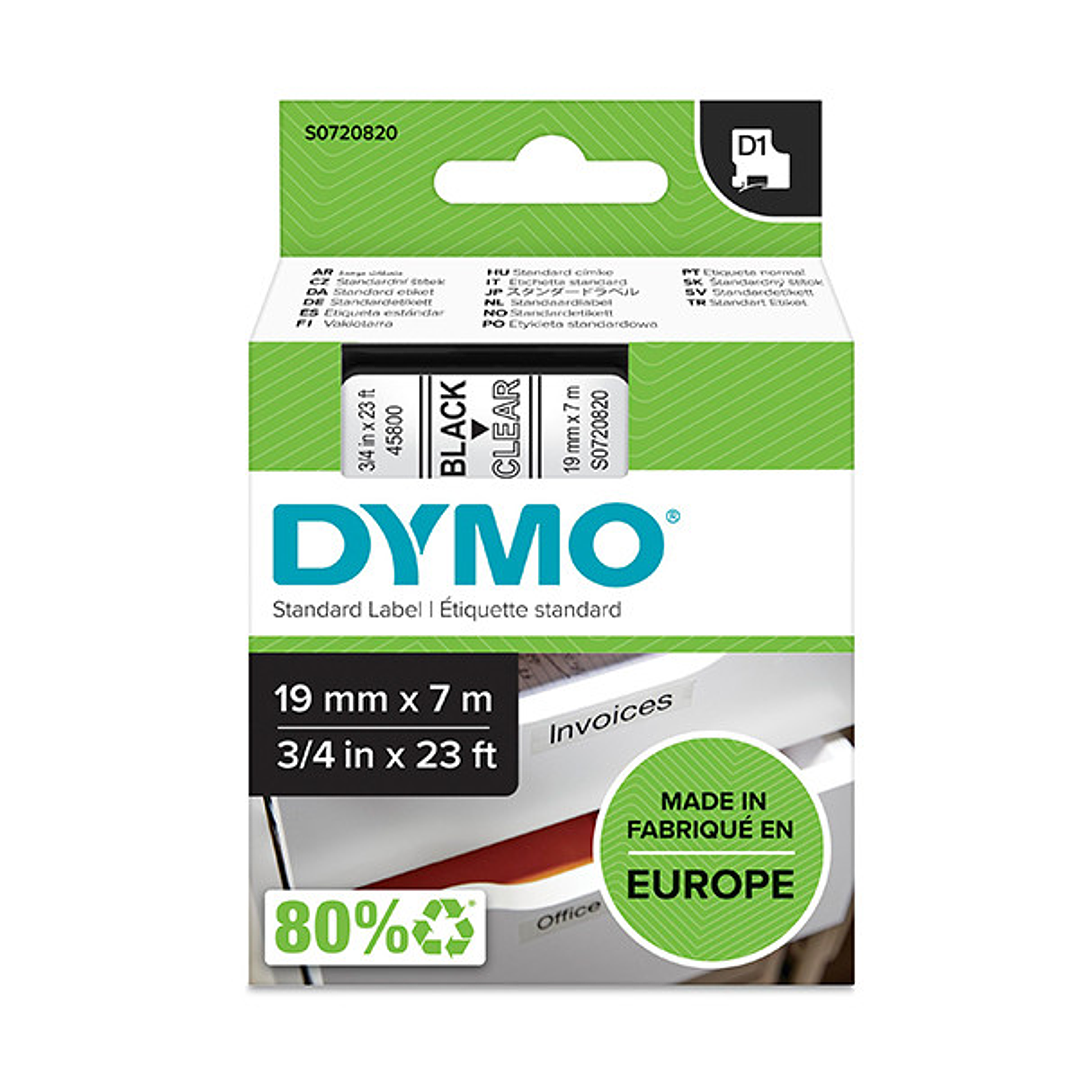 Dymo LM D1 45800 Cinta de Etiquetas Original para Rotuladora - Texto Blanco sobre Fondo Negro - Ancho 19mm x Largo 7m 1