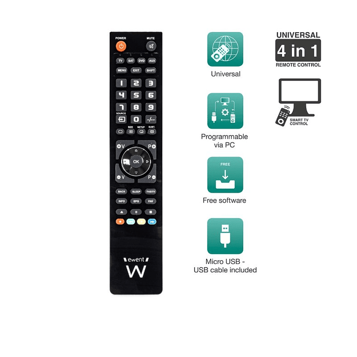 EWENT EW1570 Mando TV 4 en 1 programable x cable 4