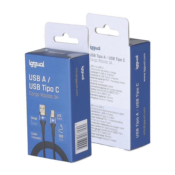 iggual Cable USB-A a tipo C 3A 100 cm trenzado LED 2