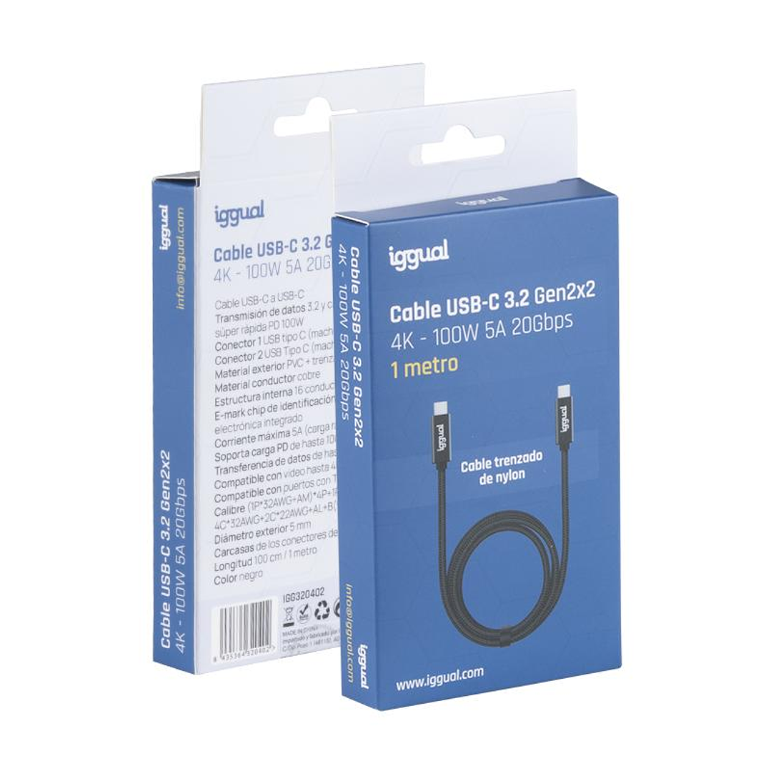 iggual Cable USB-C 3.2 Gen2x2 100W 5A 4K 1m nylon 4
