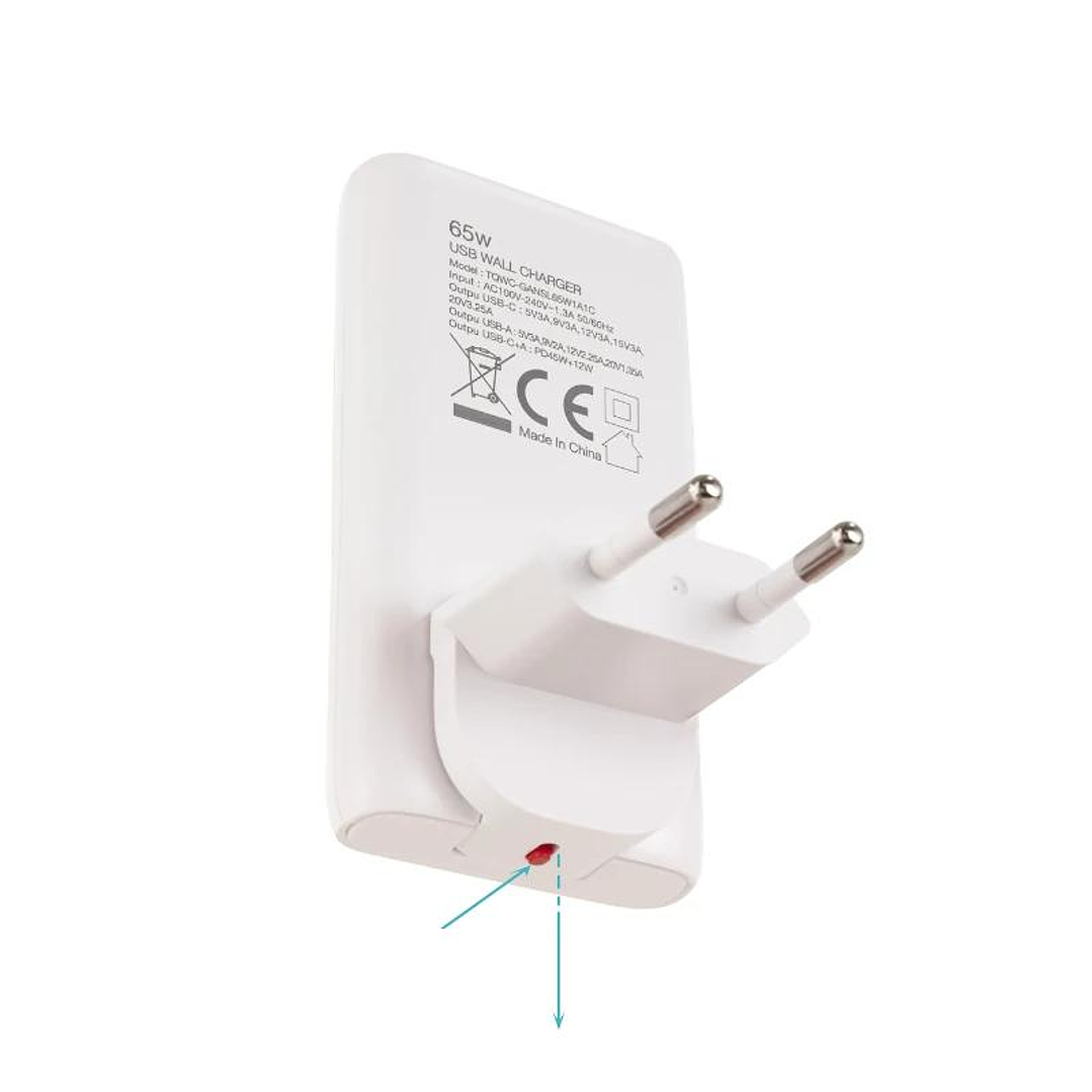 Tooq Cargador pared GAN USB-C/PD + USB-A/QC 65W 3
