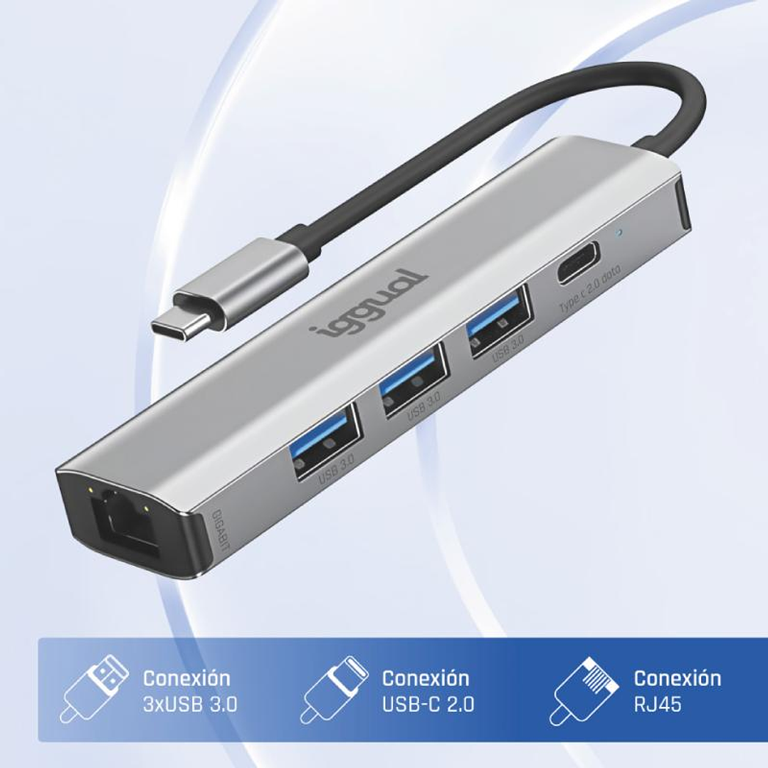 iggual Hub tipo C 5 puertos 3xUSB + RJ45 + tipo C 2