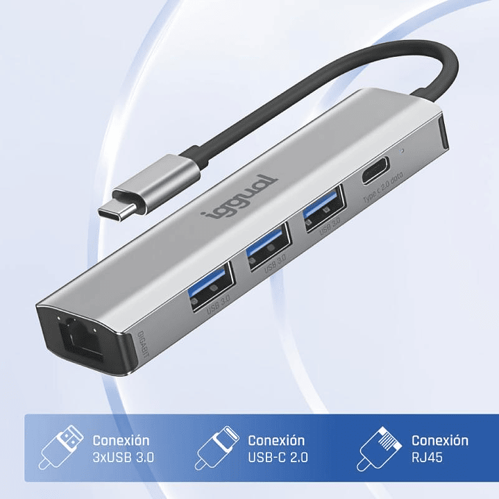 iggual Hub tipo C 5 puertos 3xUSB + RJ45 + tipo C 2