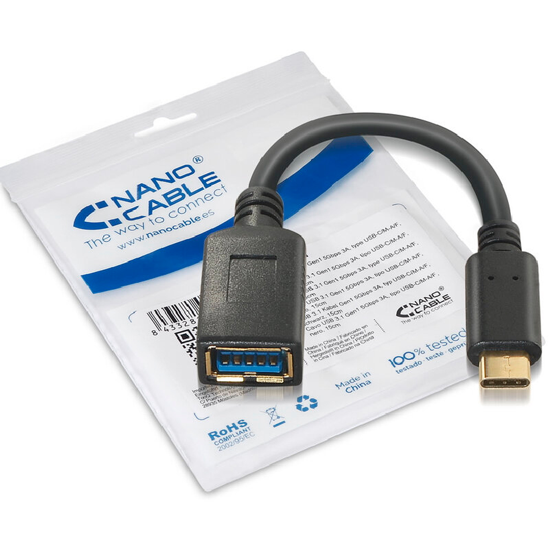 Nanocable Cable USB 3.1 Gen1 3A, USB-C/M-A/F, 15cm 2