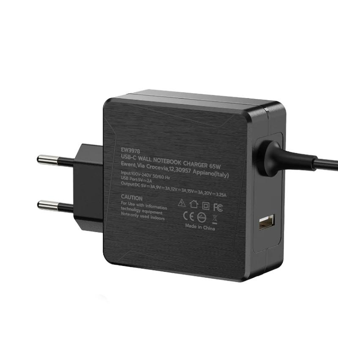 EWENT Cargador USB-CPD 65W + Puerto USB-A 3