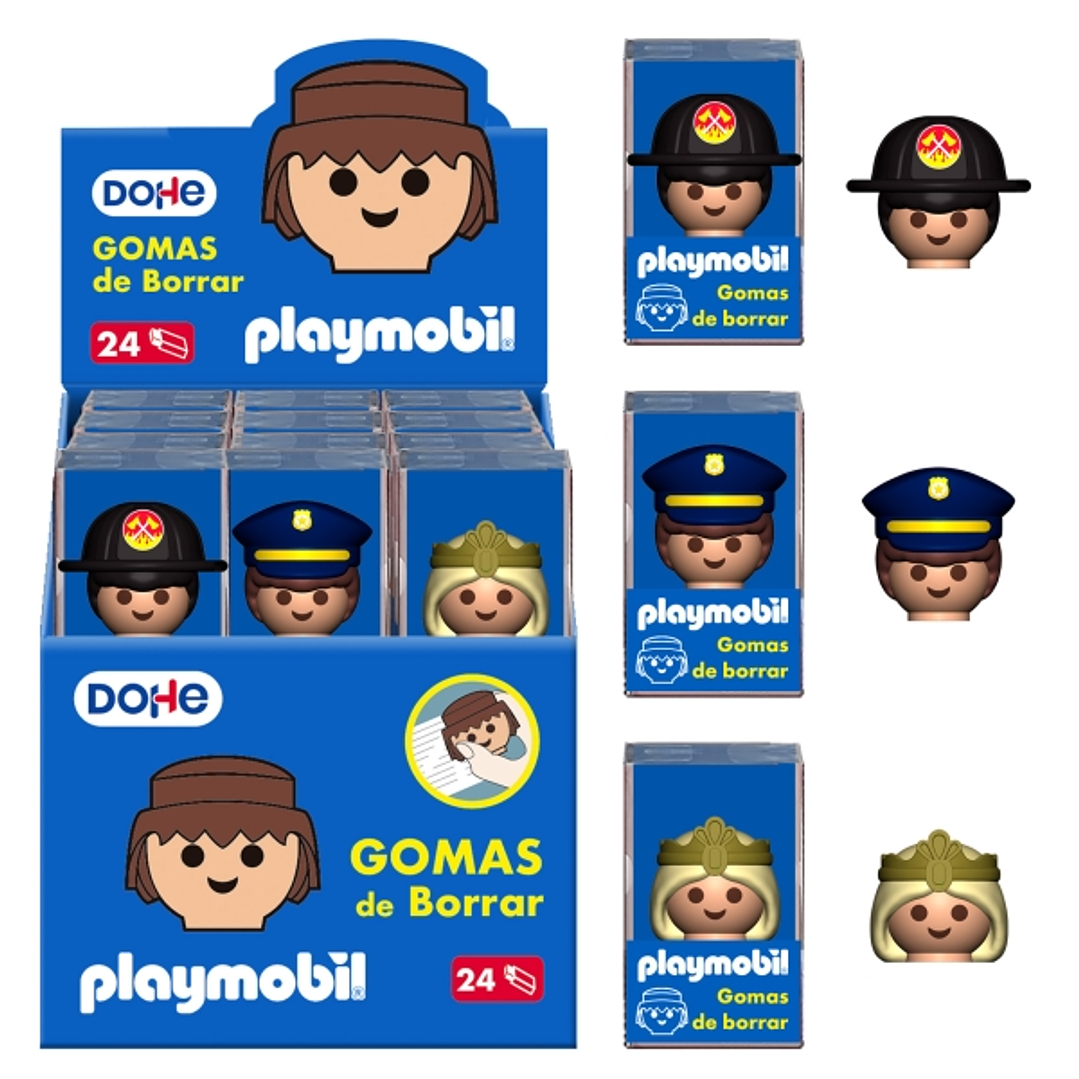 Dohe Playmobil Expositor de 24 Gomas de Borrar - Fabricadas en PVC - Decoradas Playmobil Policia, Bombero y Princesa 1