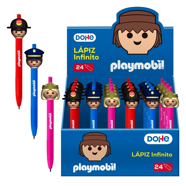 Dohe Playmobil Expositor con 24 Lapices Infinitos - Grip de Caucho - Se Borra Facilmente - Decorados Playmobil Policia, Bombero y Princesa. 1
