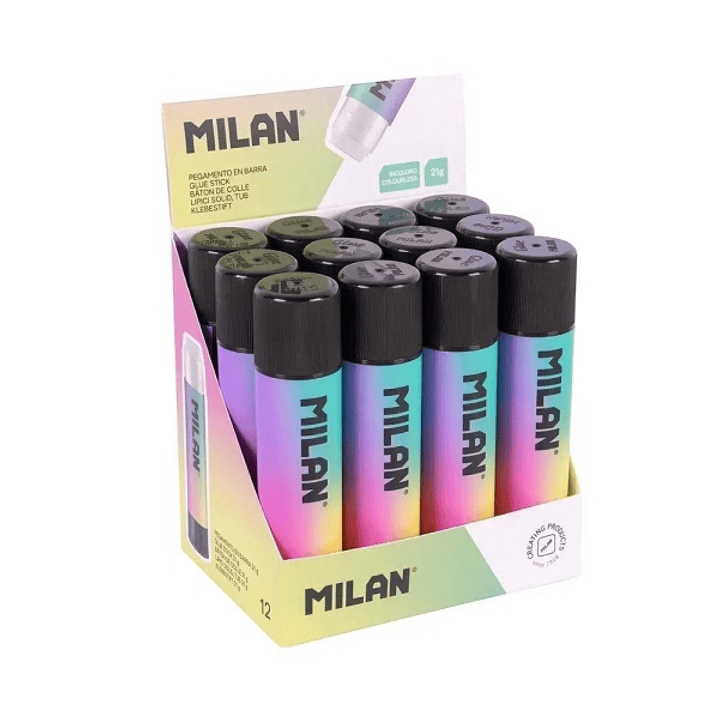 Milan Sunset Expositor con 12 Barras de Pegamento 21g - Multiusos - Multisuperficies - Sin Disolventes - Uso Escolar - Color Blanco 1