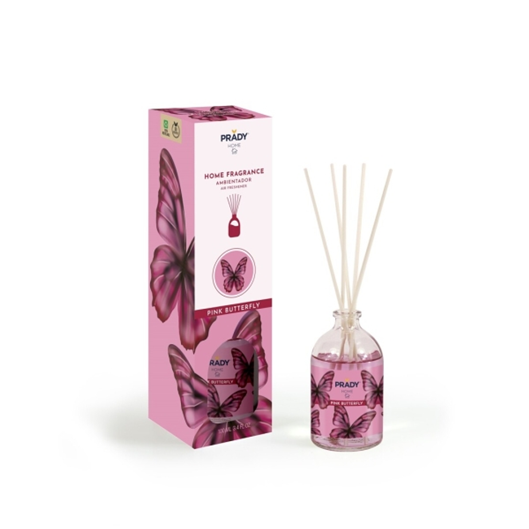 Prady Ambientador Mikado Pink Butterfly - Frasco de Cristal 100 ml y Varitas Difusoras 1