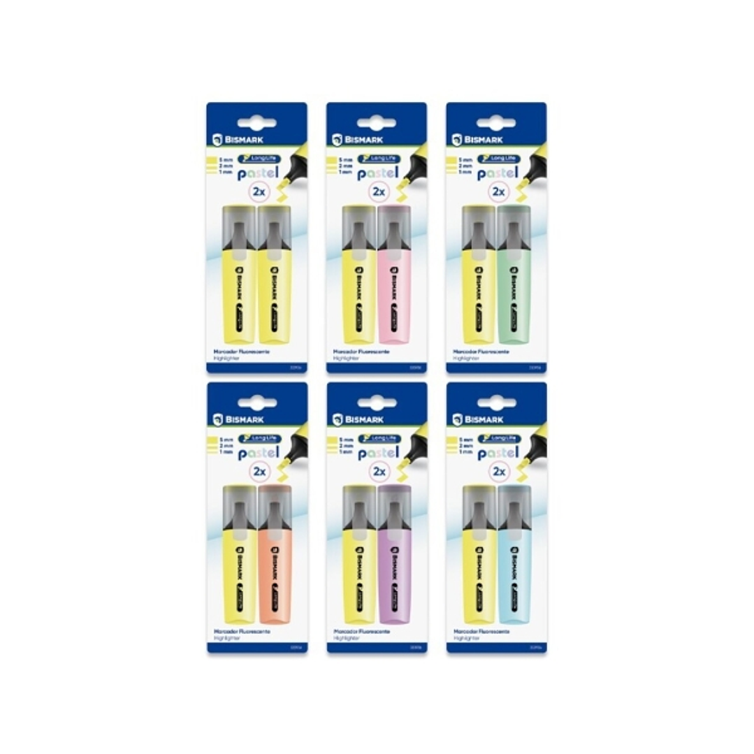 Bismark Long-Life Pack de 2 Marcadores Fluorescentes- Tinta de Secado Rapido - Punta Biselada - Ideal para Subrayar y Resaltar - Diseño Ergonomico - A 1