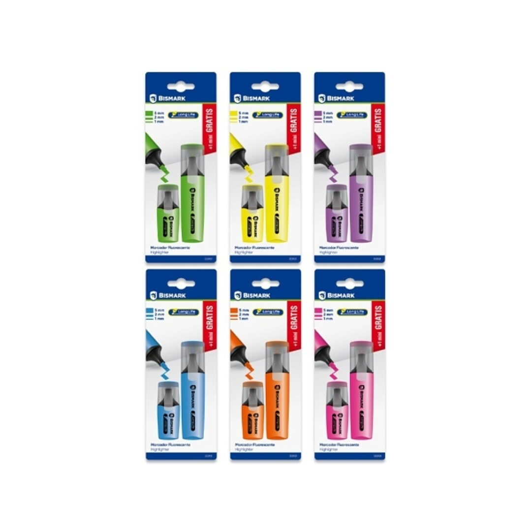 Bismark Long-Life Pack de 1 Mini Marcador + 1 Marcador Fluorescente - Tinta de Secado Rapido - Punta Biselada - Ideal para Subrayar y Resaltar - Diseñ 1