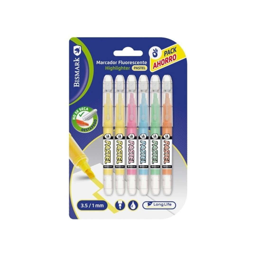 Bismark Long-Life Pack de 6 Marcadores Fluorescentes Pastel - Tinta Liquida - Punta Biselada - Ideal para Subrayar y Resaltar - Colores Surtidos 1