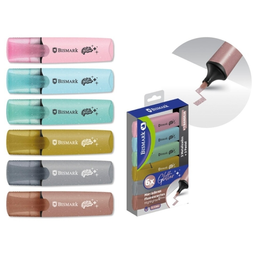 Bismark Pack de 6 Marcadores Fluorescentes Glitter - 3x Pastel y 3x Metalizados - Tinta de Secado Rapido - Punta Biselada - Ideal para Subrayar y Resa 1