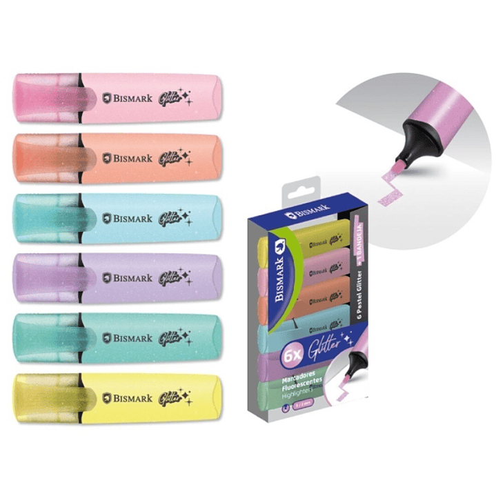 Bismark Pack de 6 Marcadores Fluorescentes Glitter Pastel - Tinta de Secado Rapido - Punta Biselada - Ideal para Subrayar y Resaltar - Diseño Ergonomi 1
