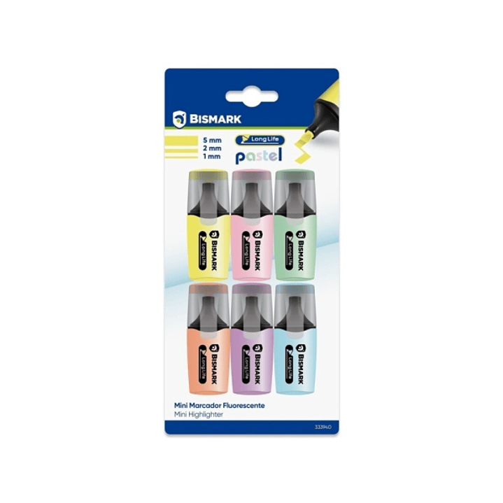 Bismark Long-Life Pack de 6 Mini Marcadores Fluorescentes Pastel - Tinta de Secado Rapido - Punta Biselada - Ideal para Subrayar y Resaltar - Diseño E 1