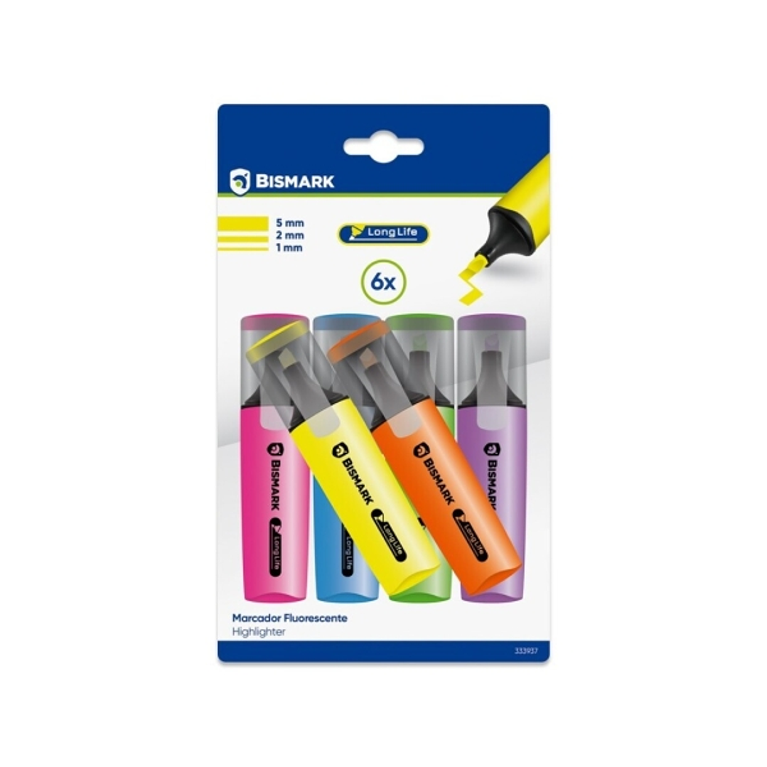 Bismark Long-Life Pack de 6 Marcadores Fluorescentes Neon - Tinta de Secado Rapido - Punta Biselada - Ideal para Subrayar y Resaltar - Diseño Ergonomi 1