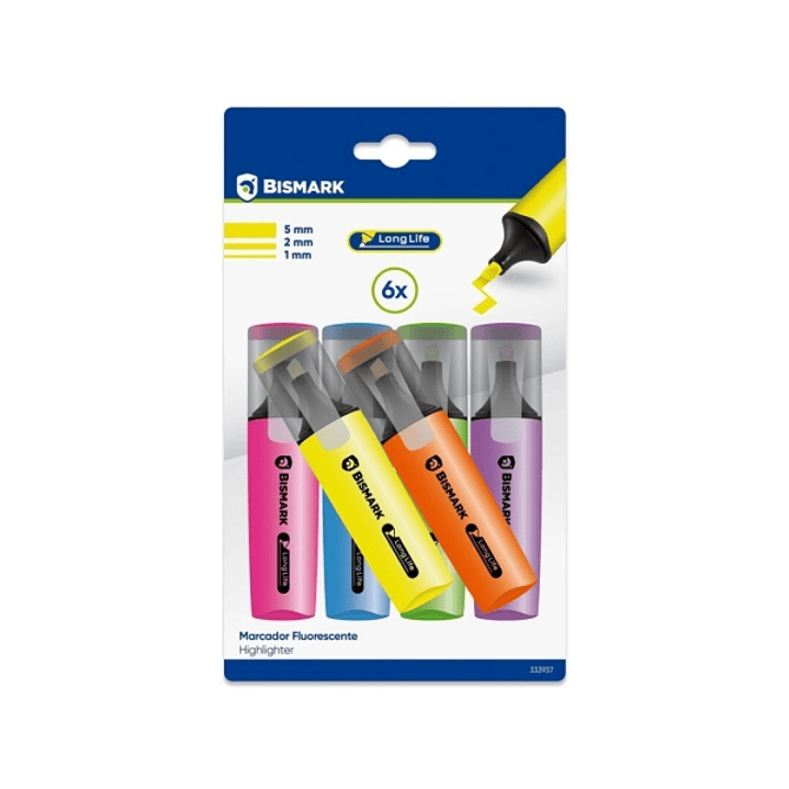 Bismark Long-Life Pack de 6 Marcadores Fluorescentes Neon - Tinta de Secado Rapido - Punta Biselada - Ideal para Subrayar y Resaltar - Diseño Ergonomi 1