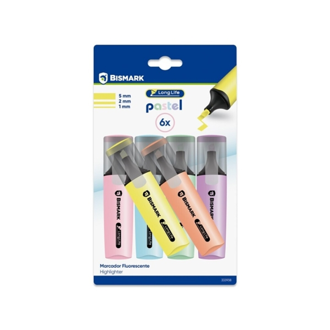 Bismark Long-Life Pack de 6 Marcadores Fluorescente Pastel - Tinta de Secado Rapido - Punta Biselada - Ideal para Subrayar y Resaltar - Diseño Ergonom 1