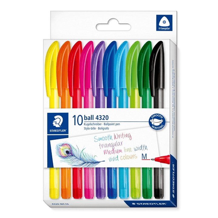 Staedtler Ball 4320 M Pack con 10 Boligrafos Punta de Bola 1mm - Escritura Suave - Cuerpo Triangular - Colores Surtidos 1