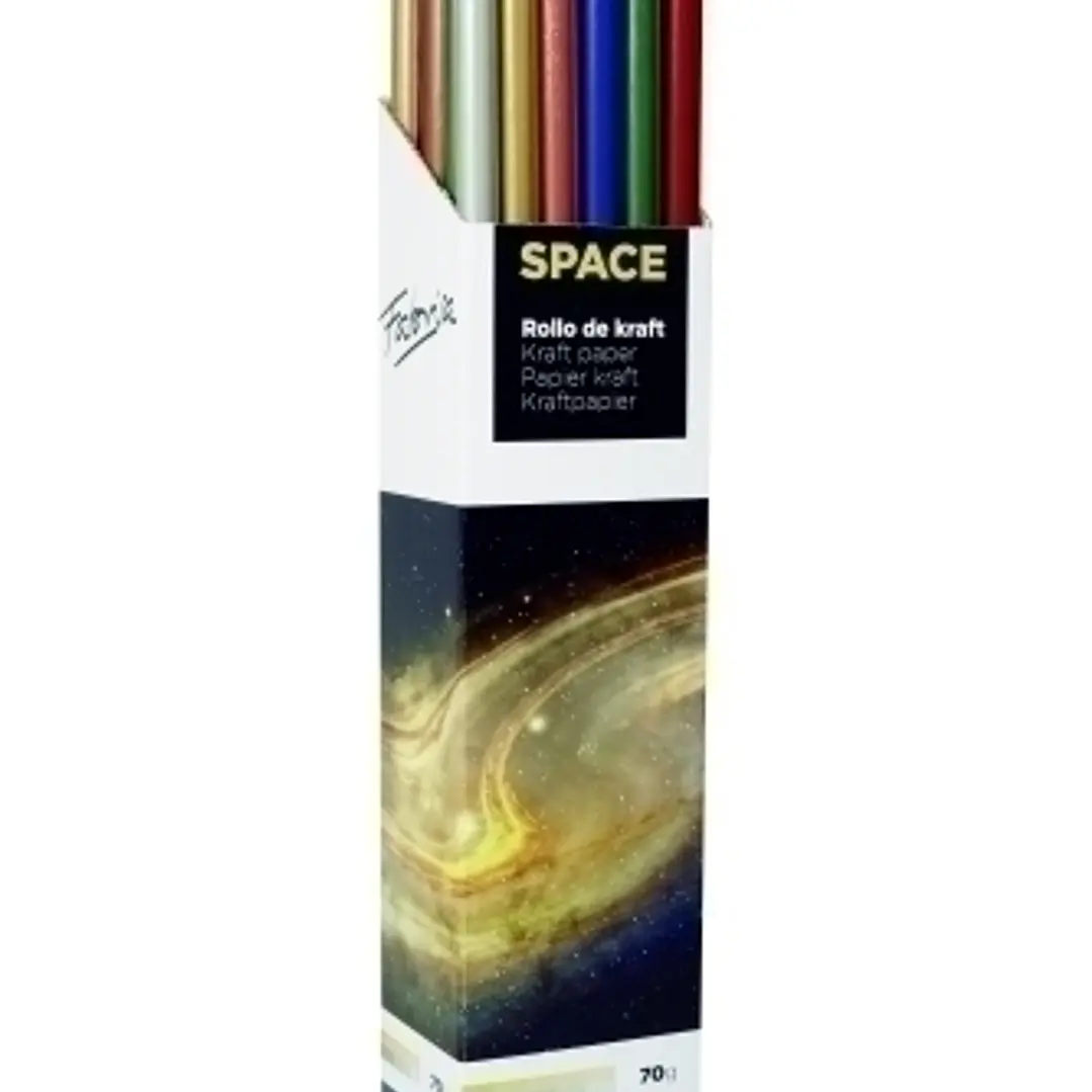 Fabrisa Space 6C Expositor de 30 Rollos de Papel Regalo - Papel Kraft Verjurado de 70gr - Medidas del Rollo 1x3m - Colores Metalizados Surtidos 1