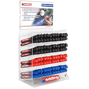 Edding 300 Expositor de 96 Rotuladores Permanentes - Punta Redonda - Trazo entre 1.5 y 3mm - Tinta Casi Inodora - Capuchon con Clip - Secado Rapido - 