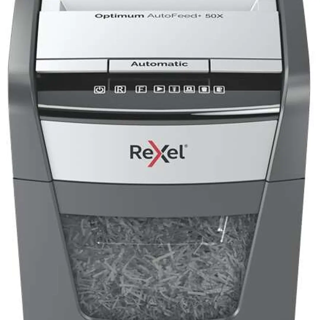 Rexel Optimum AutoFeed 50X Destructora Automatica de Corte en Particulas P-4 - Alimentacion Automatica 50 hojas y Ranura Manual 6 Hojas - Anti Atasco  1