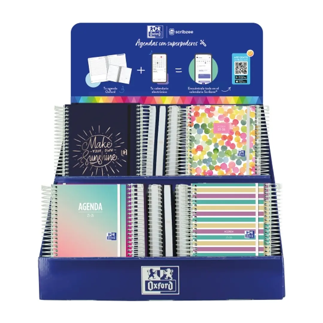 Oxford Impulso Expositor de 38 Agendas Escolares 25/26 Espiral - Incluye Agendas de Dia Pagina y Semana Vista - Diseños Surtidos 1