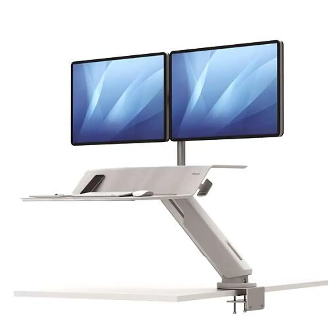 Fellowes Sit-Stand Lotus RT Estacion de Trabajo Doble - Amplia Superficie - Incluye Brazo Monitor - Superficie de Madera Resistente - Color Blanco 1
