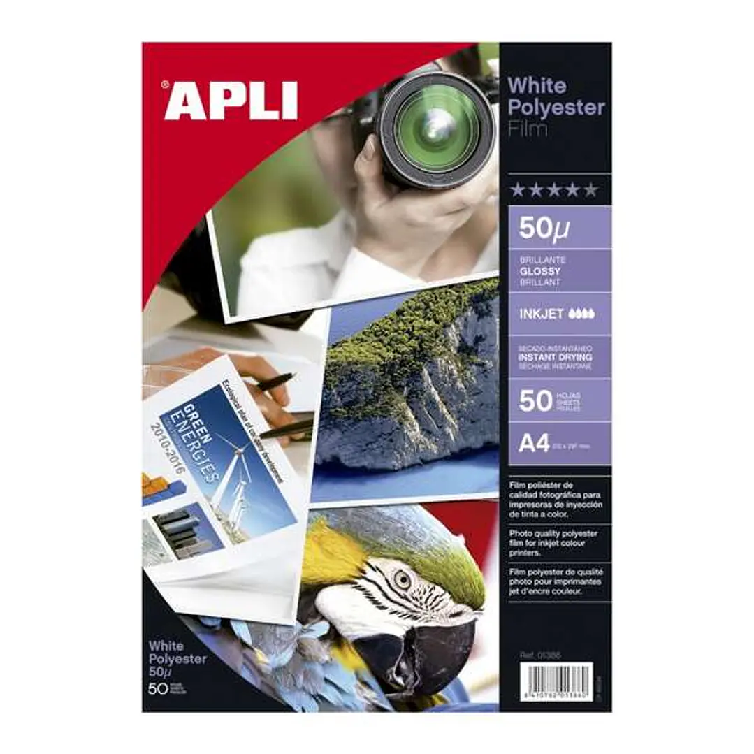 Apli Film Poliester Blanco Adhesivo A4 - Acabado Brillante - Secado Instantaneo - 50 hojas 1