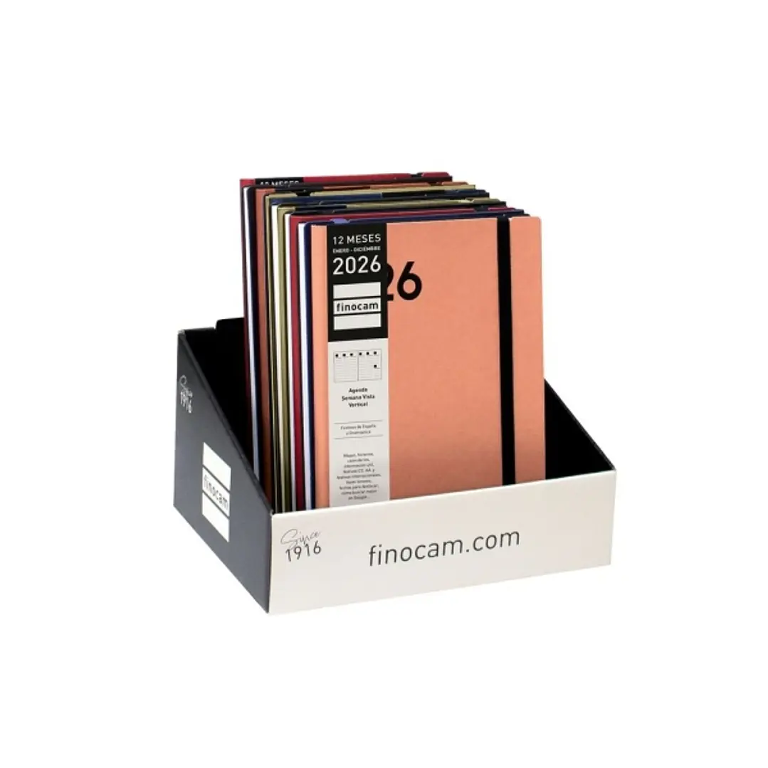 Finocam Dynamic Mara Expositor con 14 Agendas Surtidas en Catalan - Anual 2026 - Tapa Blanda - Cierre con Goma Elastica - Formato Y10 - Semana Vista e 1
