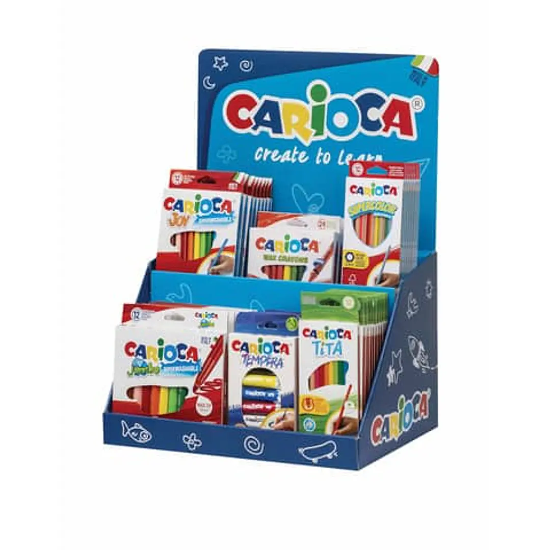 Carioca Expositor Core Incluye 8 Joy Box 12uds, 12 Supercolor Pencils Box 12uds, 6 Tempera Tubes 12ml x 5uds, 6 Jumbo Box 12uds, 12 Tita Box 12uds, 4  1