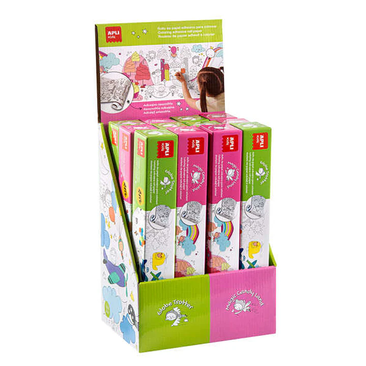 Apli Expositor de Rollos de Papel Adhesivo para Pegar y Colorear - Tamaño 30Cmx4M - 12 Rollos con Diseños de Transportes y Candy Land - Adhesivo Remov 1