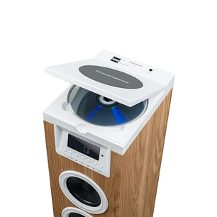 Thomson DS121CD Torre de Sonido Bluetooth 30W, Radio FM, USB, Reloj Digital, Diseño Madera/Blanco