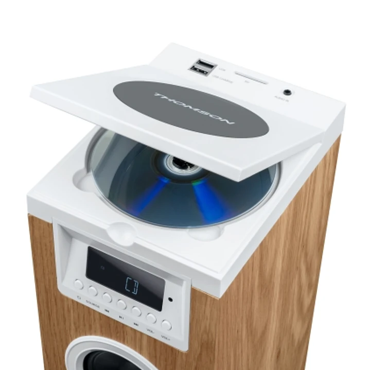 Thomson DS121CD Torre de Sonido Bluetooth 30W, Radio FM, USB, Reloj Digital, Diseño Madera/Blanco 1
