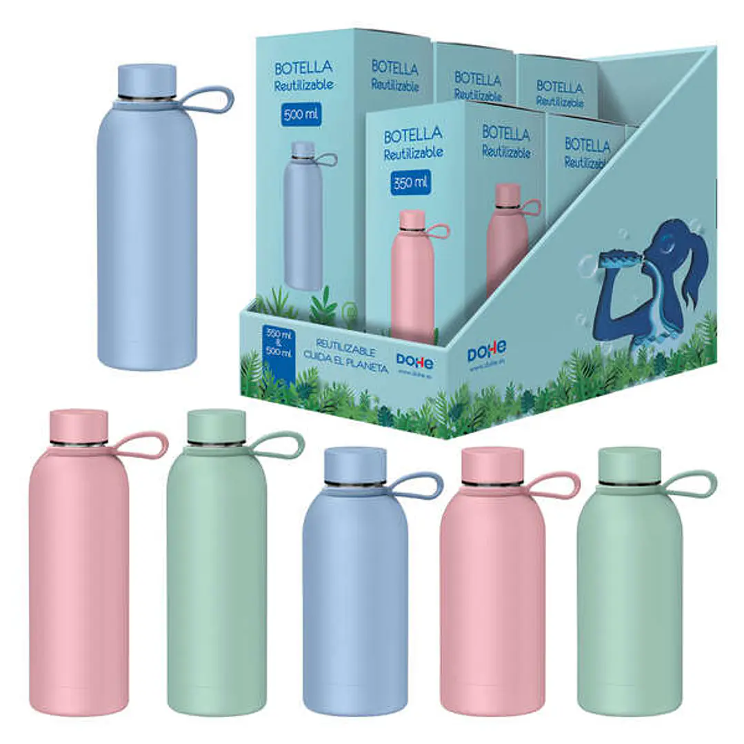 Dohe Expositor de 6 Botellas Reutilizables 3x 500ml y 3x 350ml - Acero Inoxidable de Doble Pared - Libre de BPA - Tapon Hermetico Antigoteo de Acero I 1